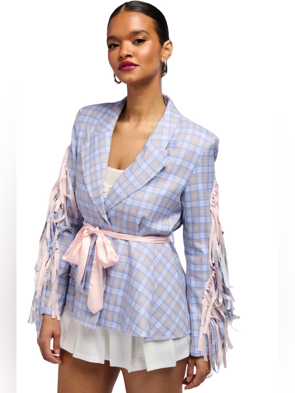 Akira NWT Sz L Shabby Chic Pastel Plaid Peplum Blazer Ribbon Fringe Tie (0783)
